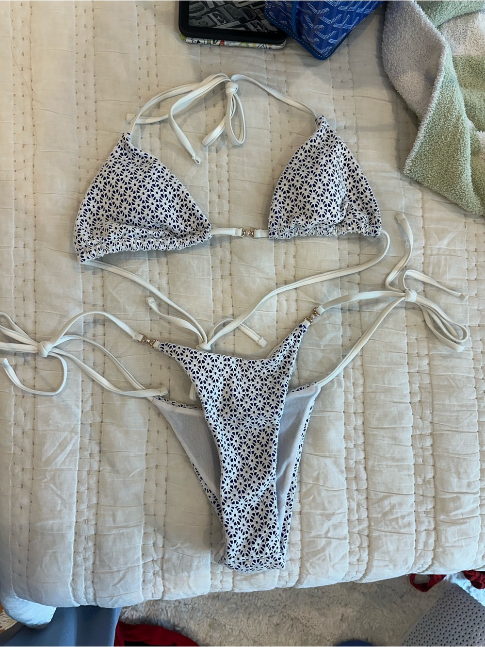 SHEIN White and Blue Triangle String Bikini Set